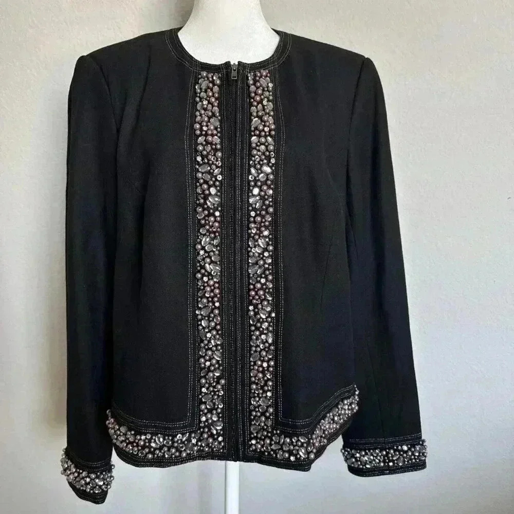 PETER NYGARD Beaded Jacket Size 16 Black With Purple Pearls And Grey White Stone
